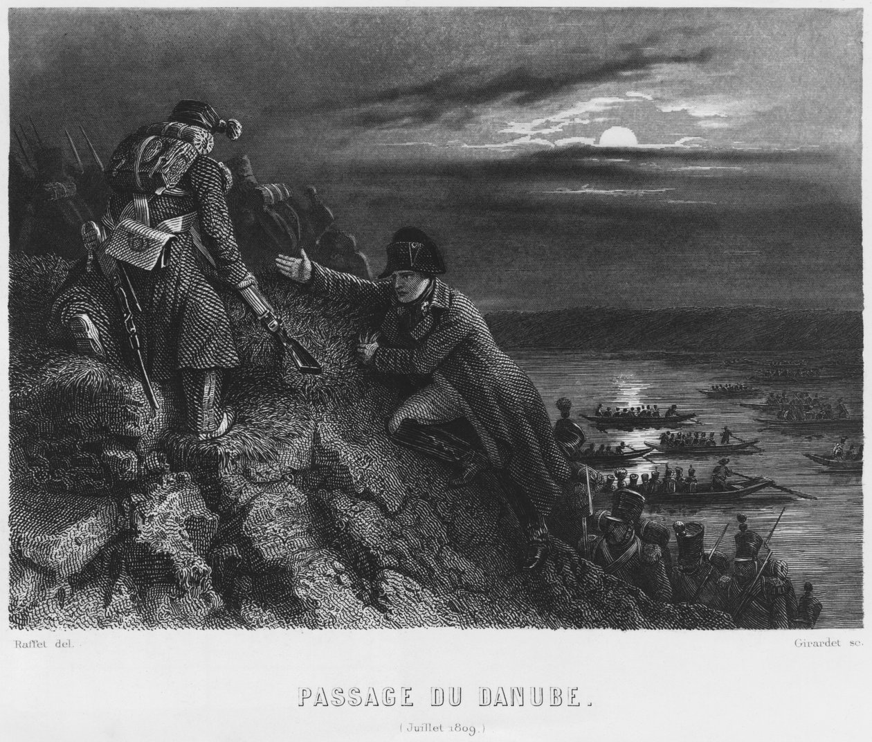 Napoleón I Bonaparte (1769-1821) cruzando el río Danubio durante la noche del 4 de julio de 1809, grabado por Abraham Girardet (1764-1823) de Denis Auguste Marie Raffet