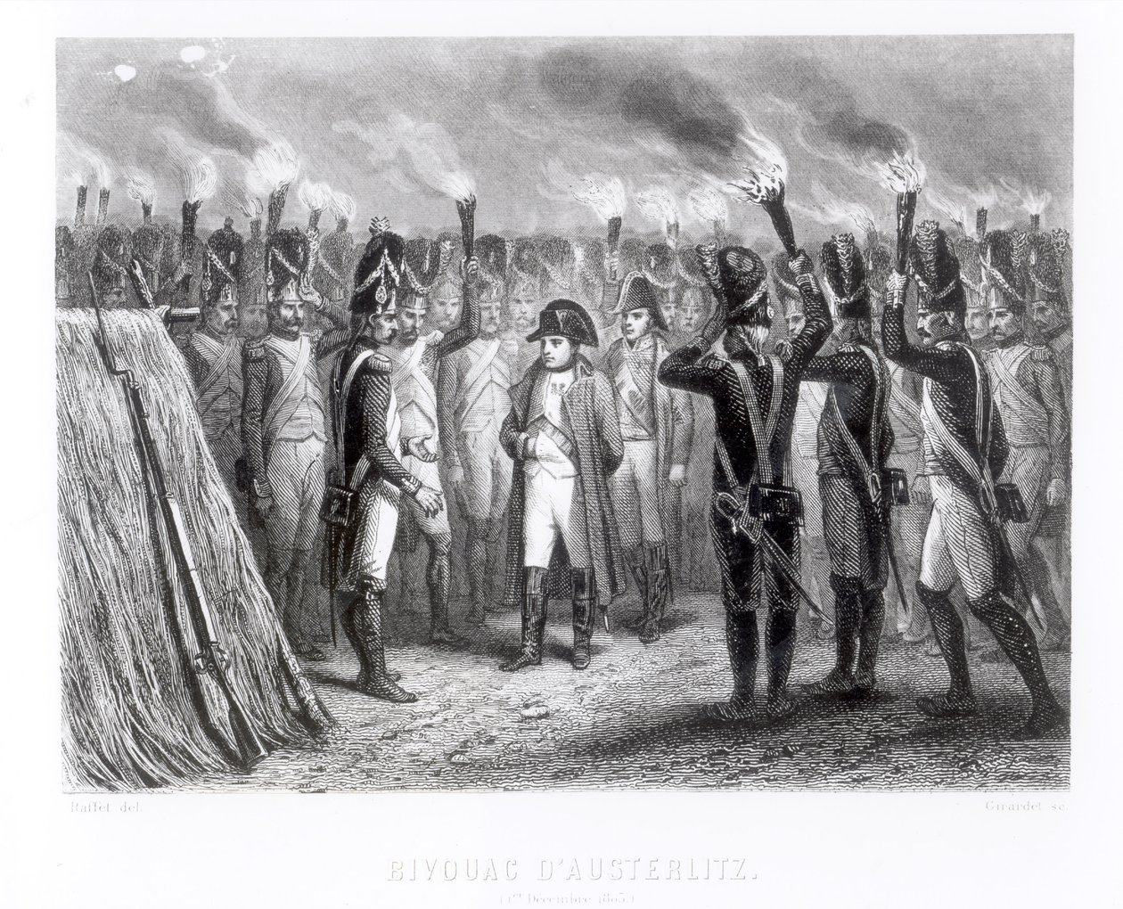 La Guardia Nocturna en Austerlitz (grabado por E. Giradel) de Denis Auguste Marie Raffet