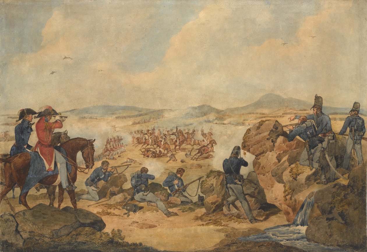Una acción durante la Guerra Peninsular, con fusileros del 95º Regimiento actuando como francotiradores, c.1810 de Denis Dighton