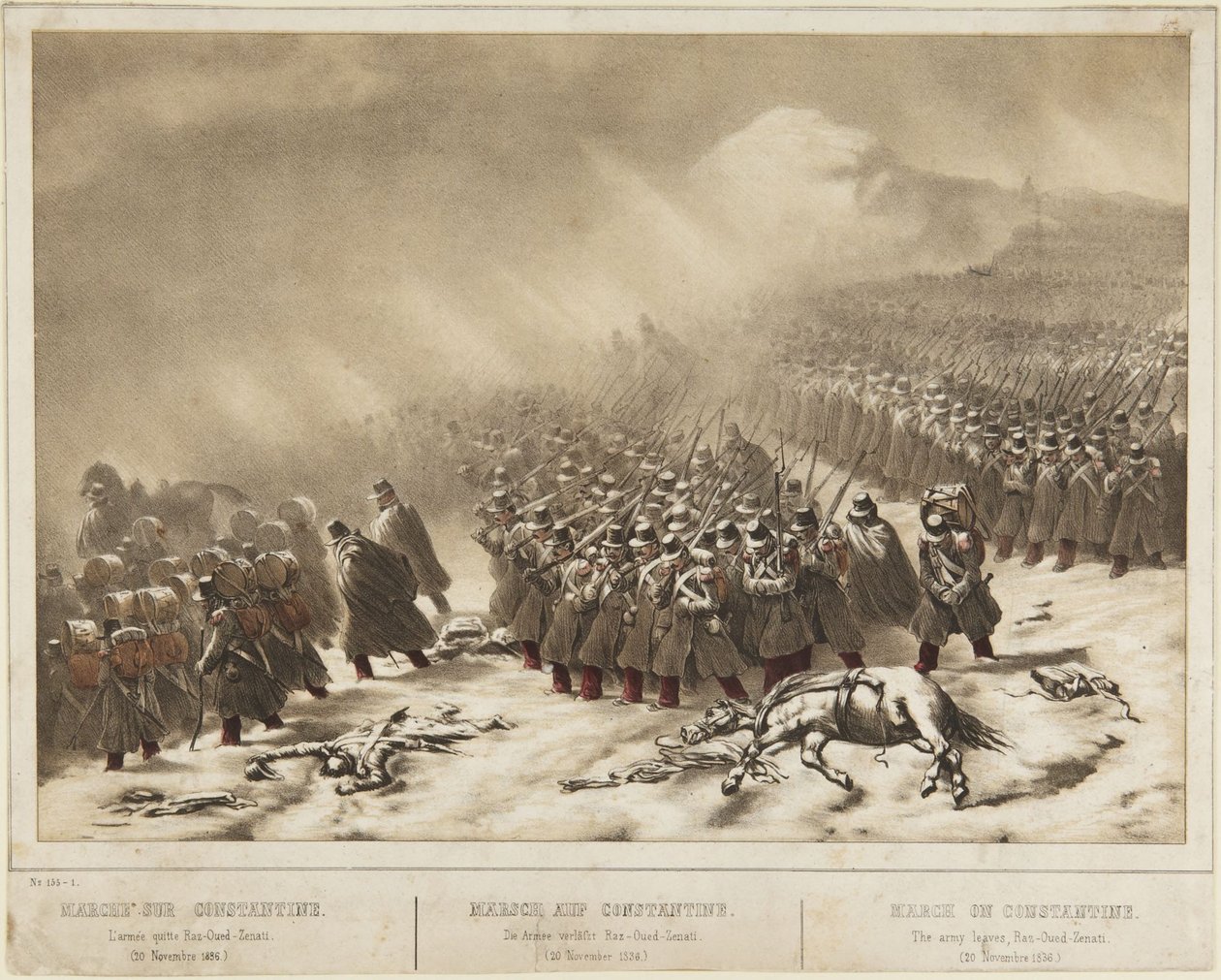 Marcha sobre Constantina: el ejército parte de Raz-Ourd-Zenati (20 de noviembre de 1836) de Denis-Auguste-Marie Raffet