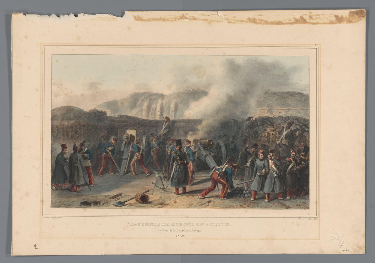 Beschieting van de Citadel, 1832 Rompiendo la batería en acción (título sobre el objeto) Dibujos hechos de la naturaleza en el asedio de la Ciudadela de Amberes por Raffet (título de la serie sobre el objeto) de Denis Auguste Marie Raffet