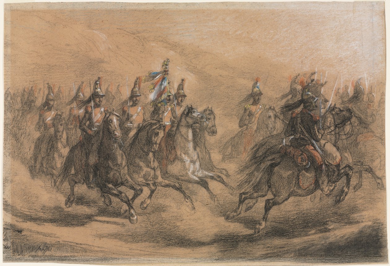 Carga de caballería, c. 1840 (tiza negra, roja, amarilla, azul y blanca) de Denis Auguste Marie Raffet