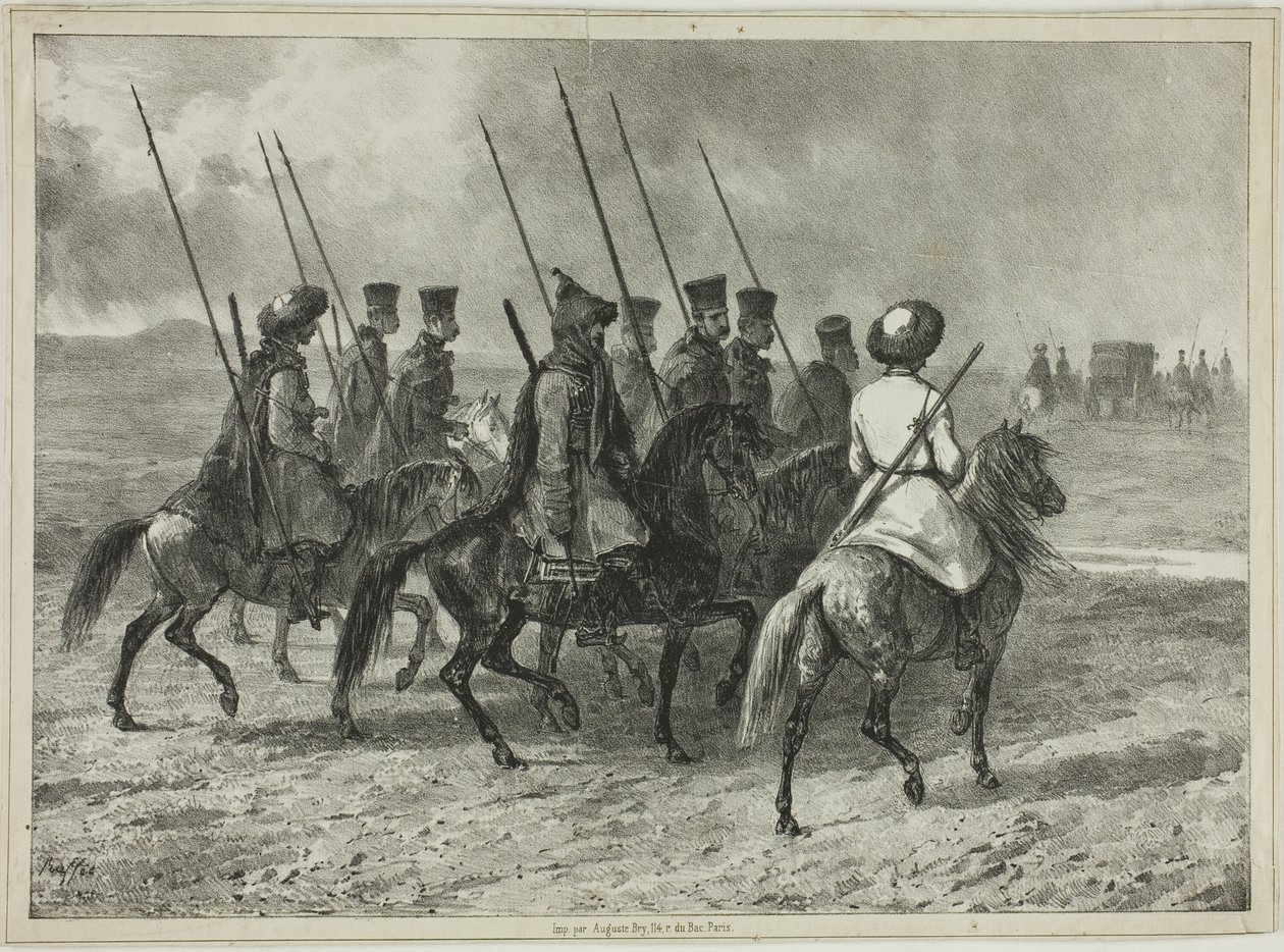 Escolta cosaca a la frontera de Kuban, Taman (Rusia Central), 11 de octubre de 1837 de Denis Auguste Marie Raffet