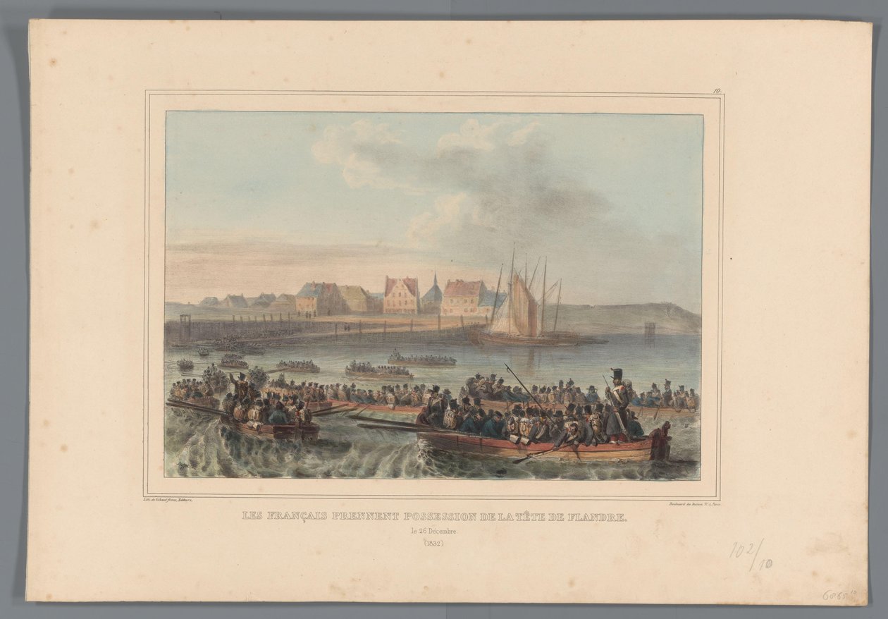 Fransen veroveren het Vlaams Hoofd, 1832 Los franceses toman posesión de la cabeza de Flandes (título sobre objeto) Dibujos hechos de la naturaleza en el asedio de la Ciudadela de Amberes por Raffet (título de la serie sobre el objeto) de Denis Auguste Marie Raffet