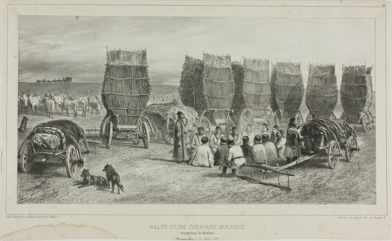Lugar de parada de una caravana moldava que transportaba carbón, Besarabia, 5 de agosto de 1837. de Denis Auguste Marie Raffet