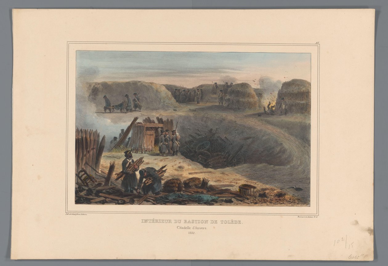 Militairten binnen een bastión, 1832 Interior del Baluarte de Toledo (título sobre objeto) Dibujos hechos de la naturaleza en el asedio de la Ciudadela de Amberes por Raffet (título de la serie sobre el objeto) de Denis Auguste Marie Raffet