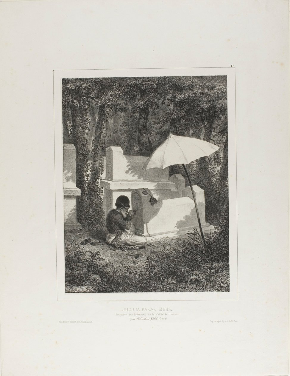 Retrato de Juguda Kazaz, Misiz, trabajando como escultor de tumbas en el valle de Josafat, cerca de Tchioufout-Galeh, Crimea. de Denis Auguste Marie Raffet