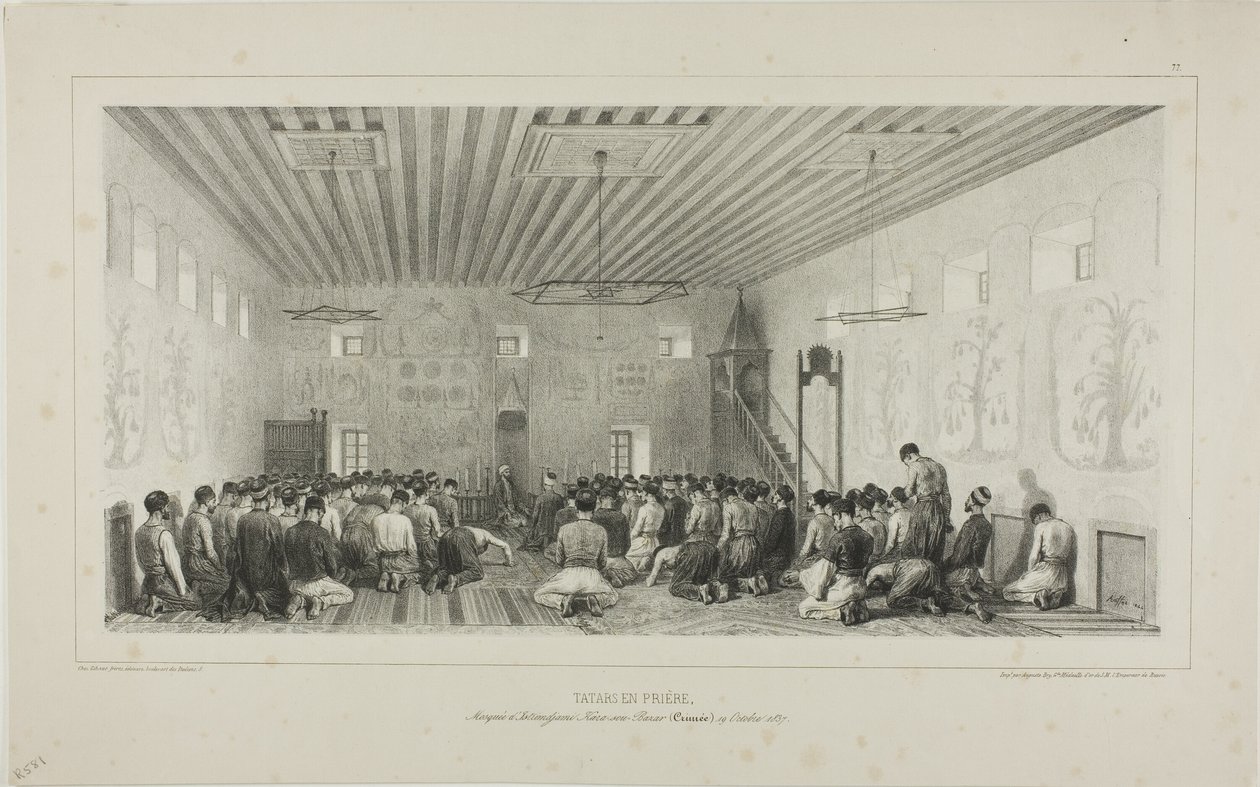 Tártaros rezando, Istrimdjami-Kara-sou-Bazar, Crimea, 19 de octubre de 1837. de Denis Auguste Marie Raffet