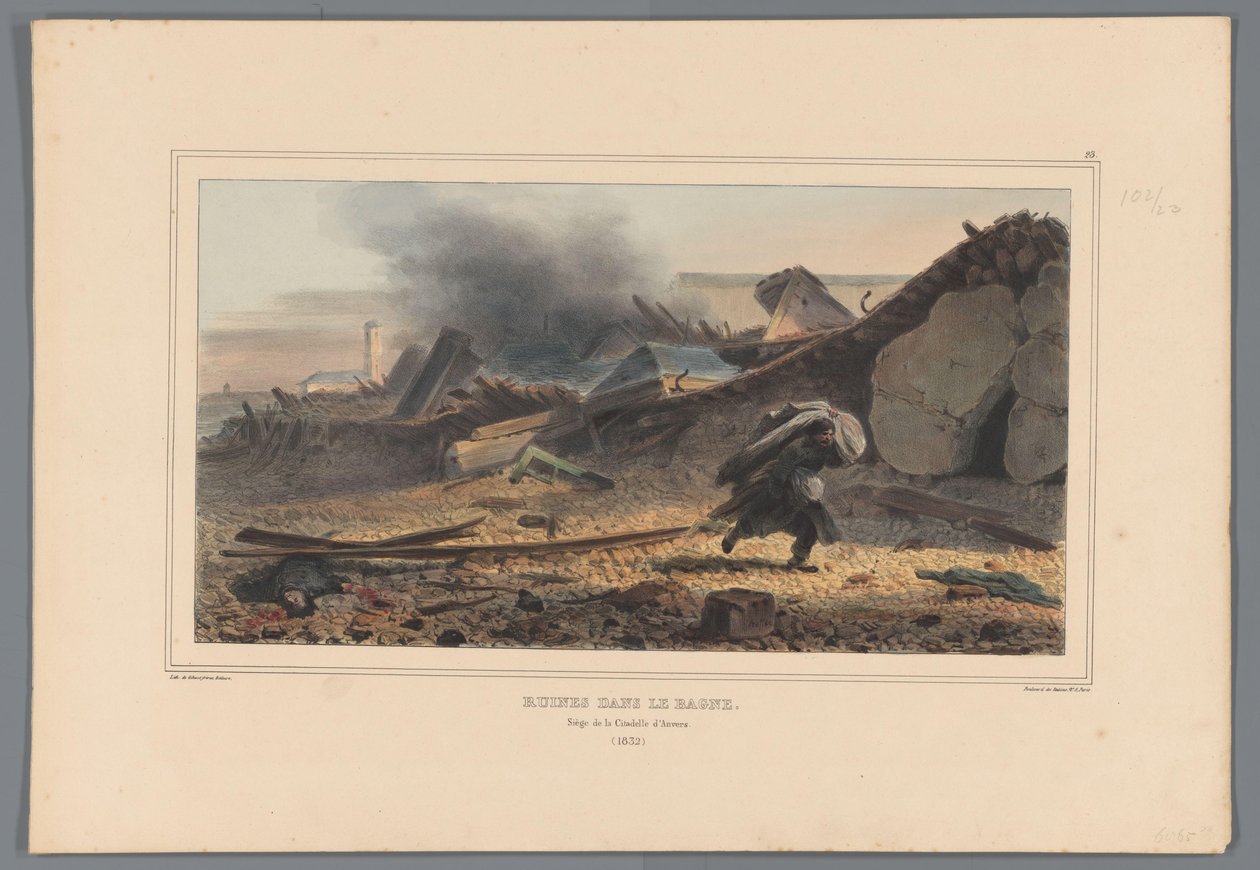 Ruinas, 1832 Ruinas en el Bagne (título sobre objeto) Dibujos hechos de la naturaleza en el asedio de la Ciudadela de Amberes por Raffet (título de la serie sobre el objeto) de Denis Auguste Marie Raffet