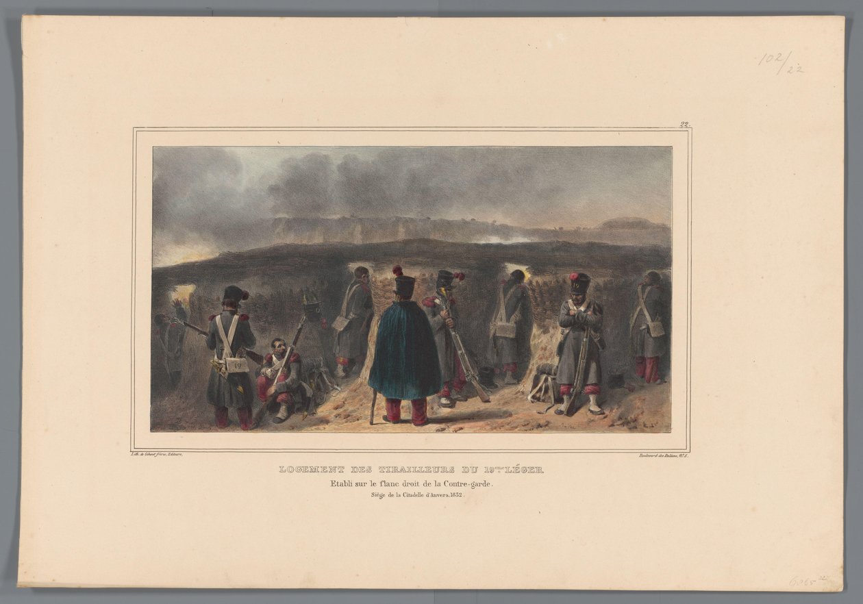 Schutters comprando borstwering, 1832 Vivienda de los tiradores de la luz 19 (título sobre objeto) Dibujos realizados del natural en la sede de la Ciudadela de Amberes por Raffet (título sobre objeto) de Denis Auguste Marie Raffet