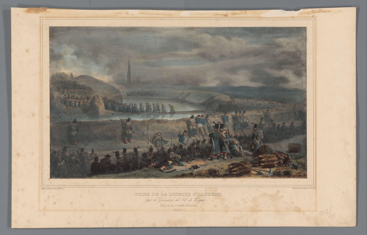 Verovering van de lunette St. Laurent, 1832 Toma del bisel de St. Laurent por los Granaderos del 65 de Línea (título sobre el objeto) Dibujos hechos de la naturaleza en el asedio de la Ciudadela de Amberes por Raffet (título de la serie sobre el objeto) de Denis Auguste Marie Raffet