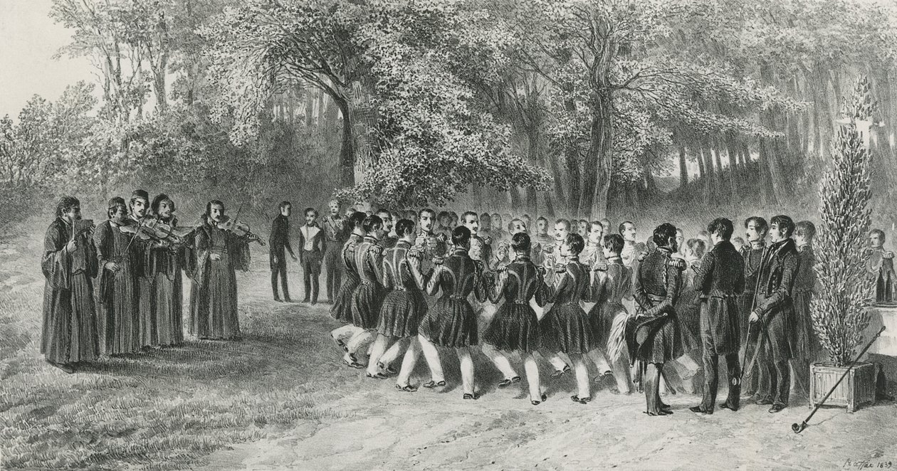 Ronda valaca, realizada por los Tsiganes y bailada por los músicos del Segundo Regimiento en la casa del Príncipe Ghika, Ghospodar, Valaquia, 1839 de Denis Auguste Marie Raffet