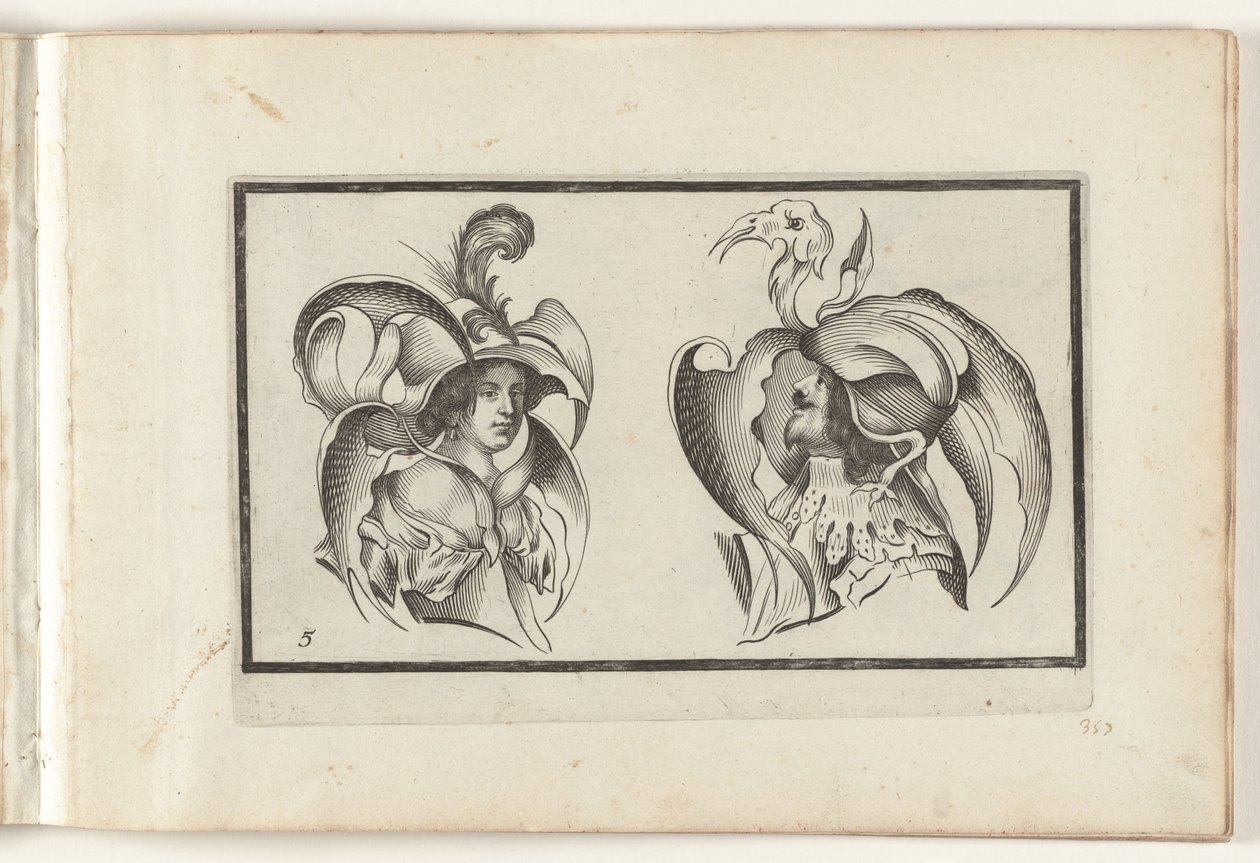 La cabeza de un hombre y una mujer con sombreros y collares grotescos Diseños de sombreros (título de la serie) Ouvrage rare et nouveau, contenido plusieurs desseins de merveilleuse recreación sous diversitys capprices et gentillesses representees en l