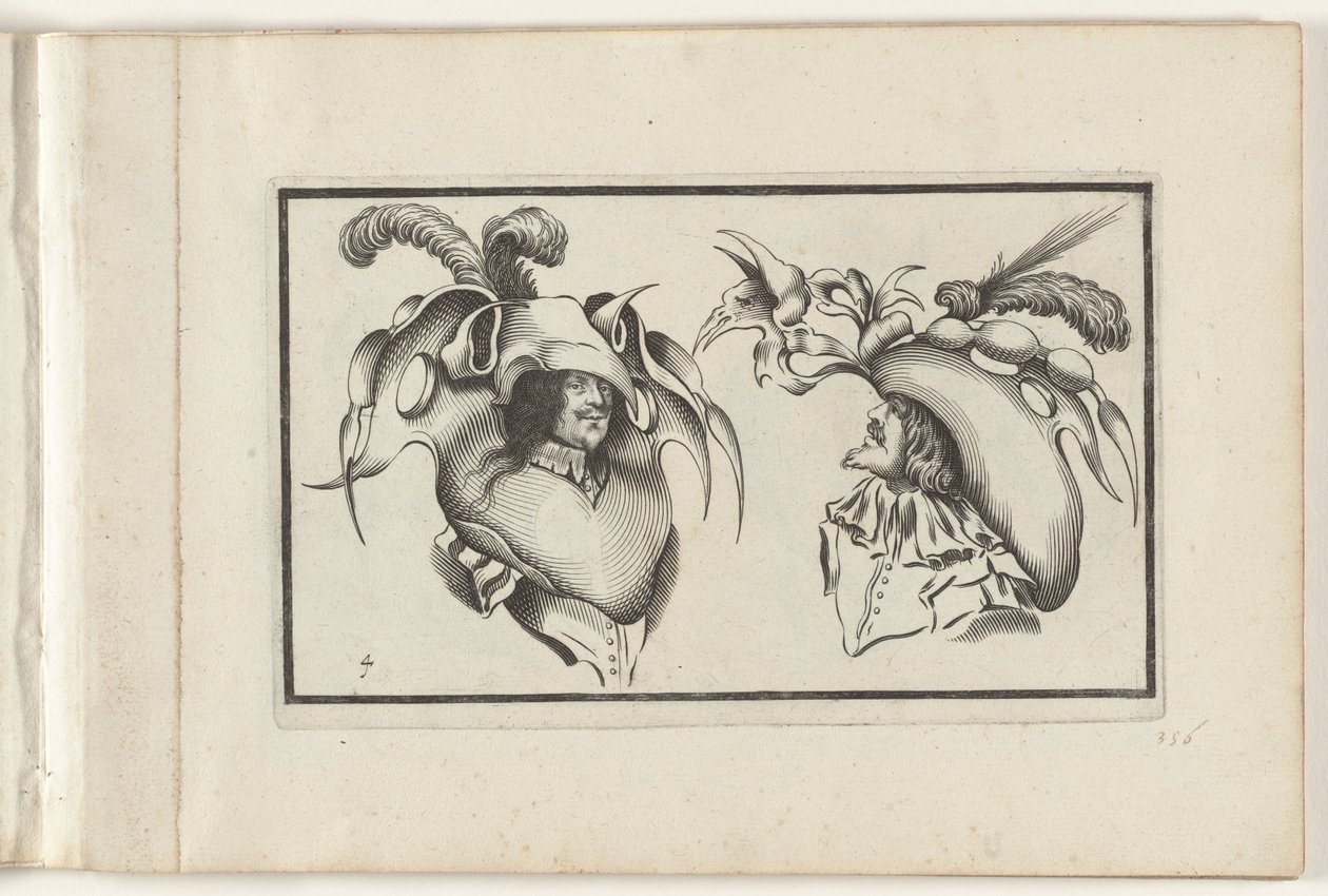 Dos cabezas de hombre con sombreros y cuellos grotescos
Diseños para sombreros (título de la serie)
Ouvrage rare et nouveau, contenant plusieurs desseins de merveilleuse recreation sous divers caprices et gentilesses représentées en l