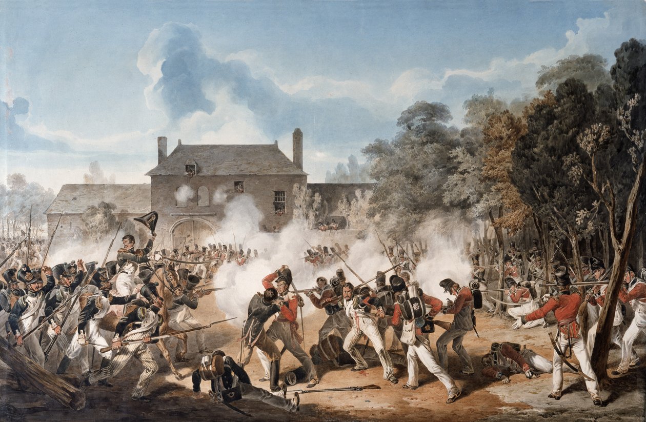 Defensa del Château de Hougoumont por la compañía de flanco, Guardias Coldstream 1815, 1815 de Denis Dighton