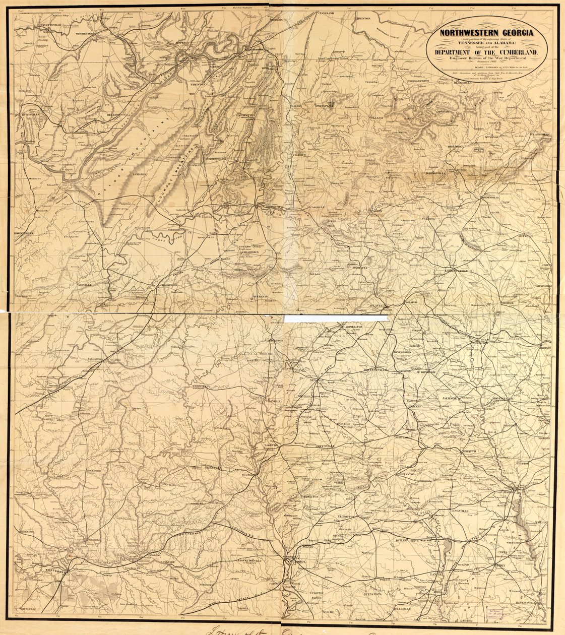 El noroeste de Georgia (con partes de los estados colindantes de Tennessee y Alabama) forma parte del Departamento de Cumberland de Denis; United States. War Department. Engineer Bureau Callahan