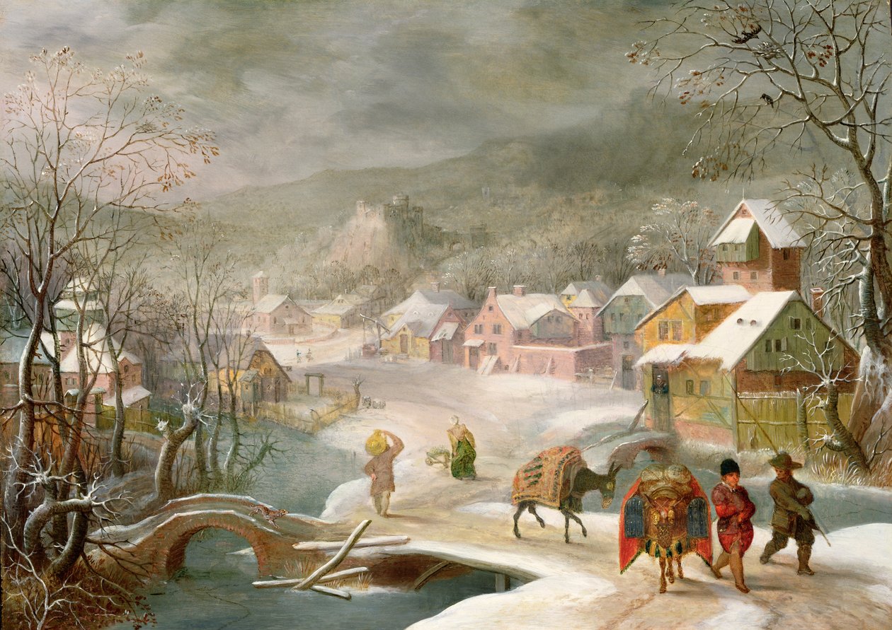 Un paisaje de invierno con viajeros en un camino de Denys van Alsloot