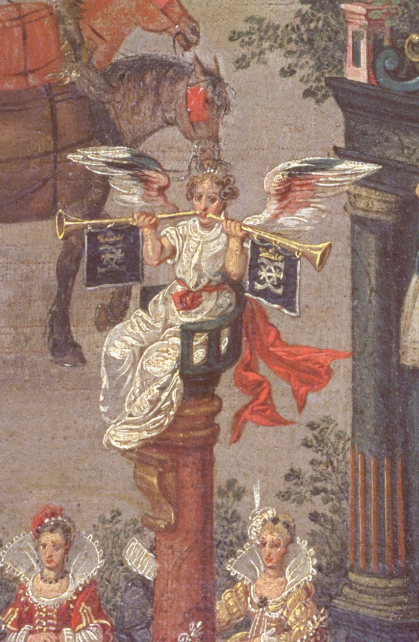 El triunfo de Isabel en el Ommeganck en Bruselas el 31 de mayo de 1615, detalle de la figura alegórica de la Fama del Carro de la Corte de Isabel, 1615 (detalle) de Denys van Alsloot