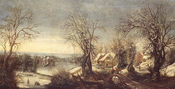 Un extenso paisaje boscoso en invierno con patinadores en un canal congelado, un peregrino y un santuario más allá de Denys van Alsloot