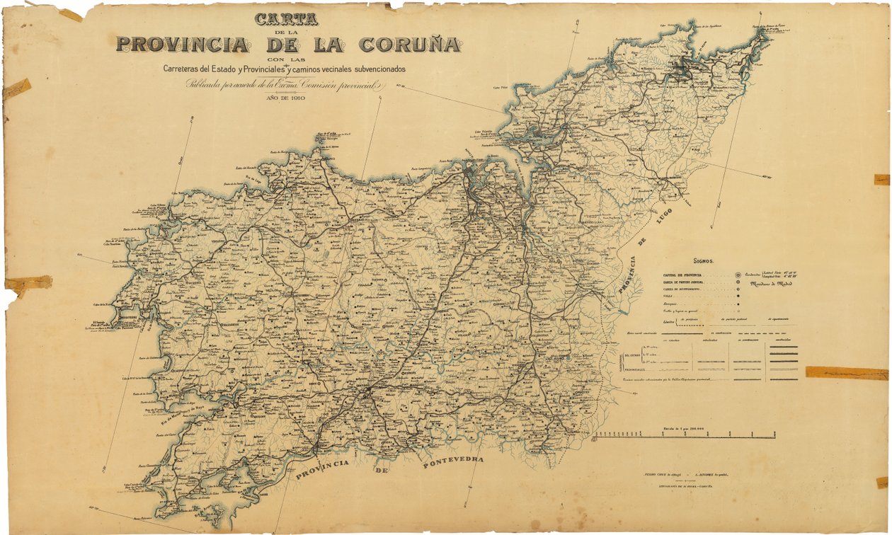 Carta da provincia da Coruña coas estradas do Estado e Provinciais e camiños veciñais subvencionados. Publicada por acordo da Excma. Comisión provincial de Deputación da Coruña