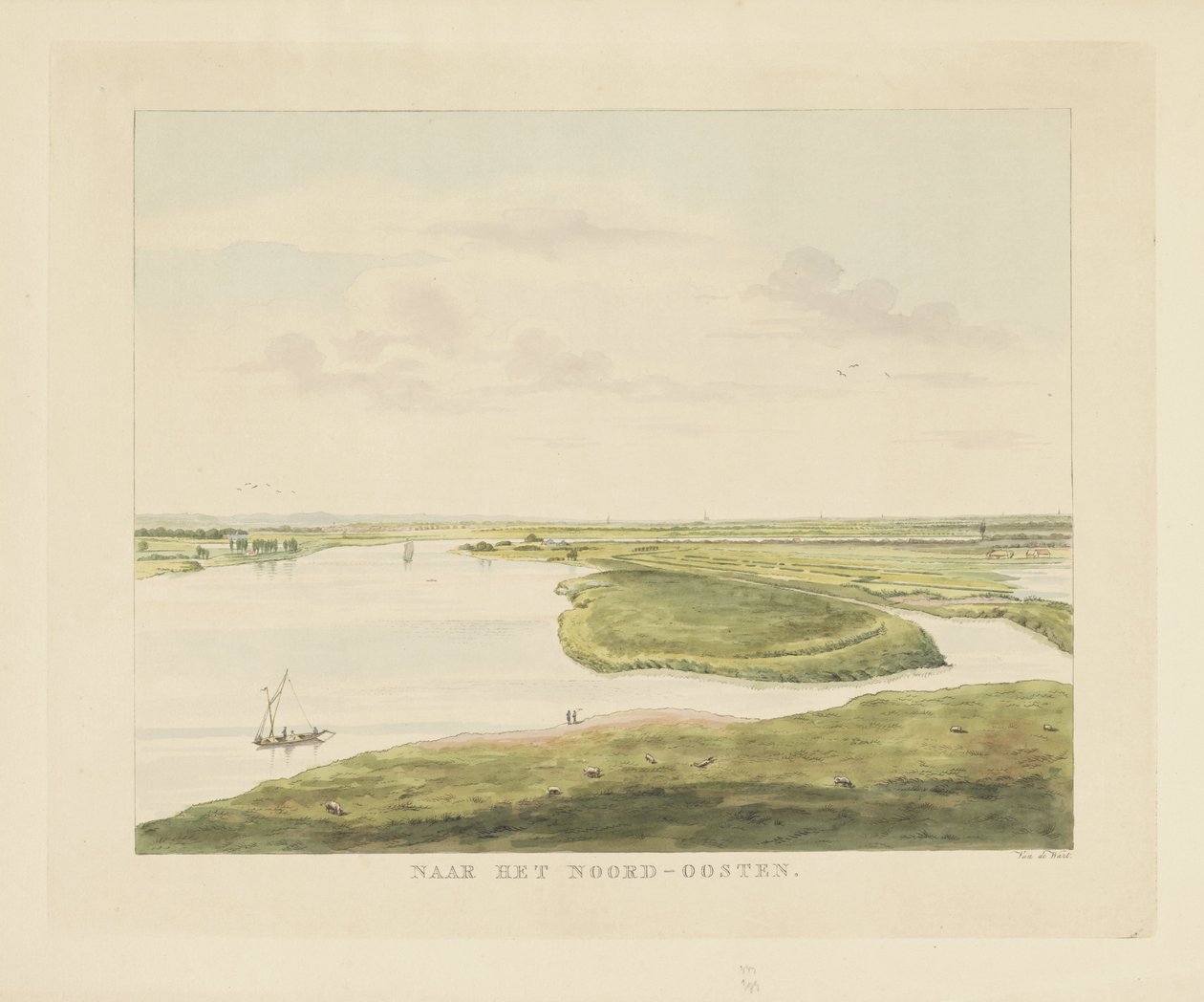 Vista del Waal al noreste de Nijmegen Al noreste (título sobre el objeto) Lugares de interés alrededor de la ciudad de Nijmegen (título de la serie) Panorama de Geldersch o vista redonda de la vida dibujada en belvedere en Nymegen (título de la serie) de Derk Anthony van de Wart