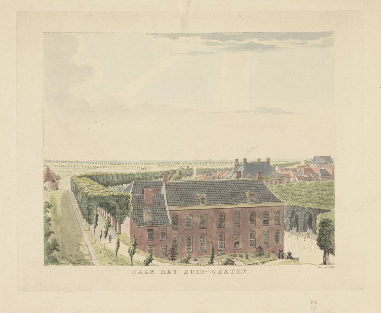 Vista de la muralla de la ciudad al suroeste de Nijmegen Al suroeste (título sobre objeto) Lugares de interés alrededor de la ciudad de Nijmegen (título de la serie) Panorama de Geldersch o vista redonda de la vida dibujada en belvedere en Nymegen (título  de Derk Anthony van de Wart