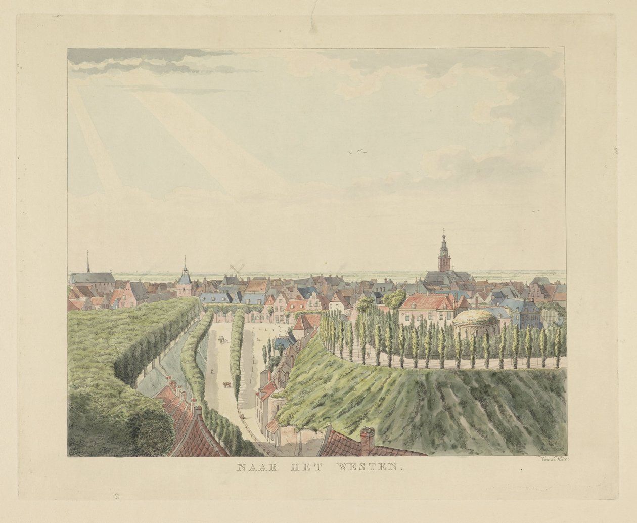 Nijmegen, vista desde el Belvédère hacia el oeste Hacia el Oeste (título sobre el objeto) Lugares de interés alrededor de la ciudad de Nijmegen (título de la serie) Panorama de Geldersch o vista redonda de la vida dibujada en belvedere en Nymegen (título d de Derk Anthony van de Wart
