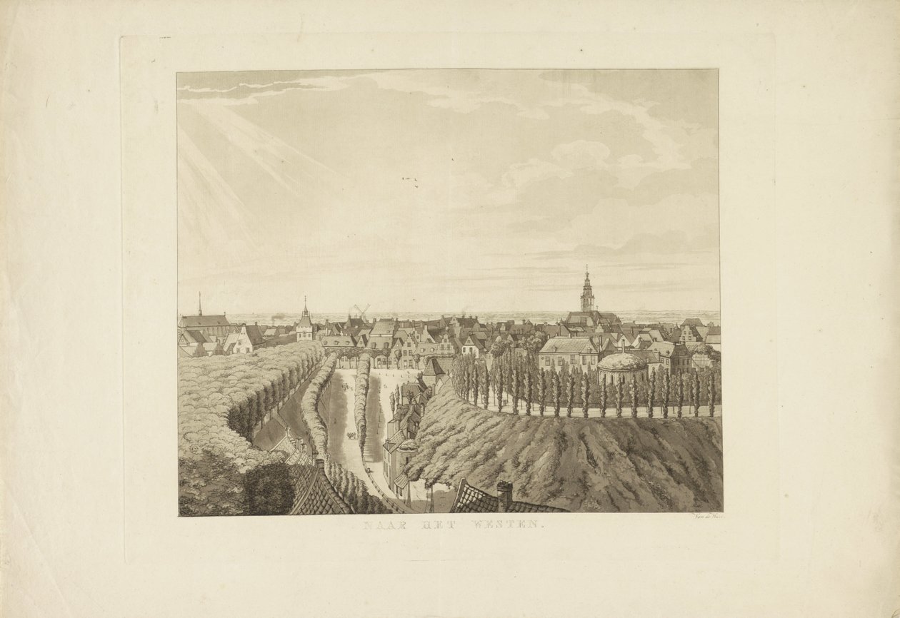 Nijmegen, vista desde el Belvédère hacia el oeste Hacia el Oeste (título sobre el objeto) Lugares de interés alrededor de la ciudad de Nijmegen (título de la serie) Panorama de Geldersch o vista redonda de la vida dibujada en belvedere en Nymegen (título d de Derk Anthony van de Wart