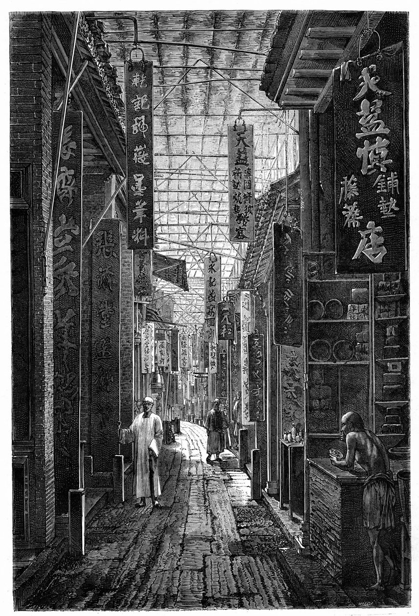 Vista de la Calle de la Farmacia en Guangzhou (Cantón). Grabado según un dibujo de Deroy, en “Le Tour du Monde, Nouveau journal des Voyages”, editado por Edouard Charton, París de Deroy (after)