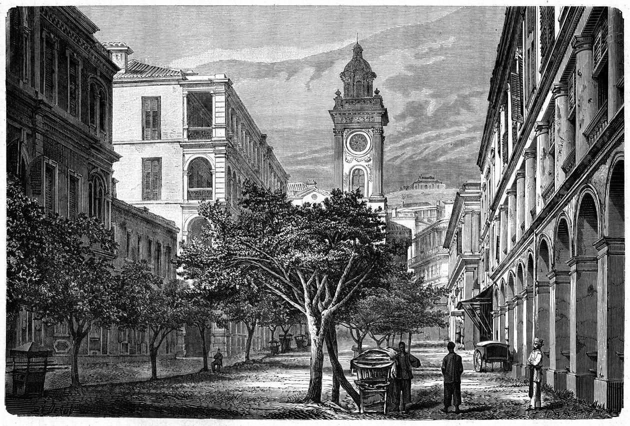 Vista de la Torre del Reloj Histórica de Hong Kong. Grabado según un dibujo de Deroy, en “Le Tour du Monde, Nouveau journal des Voyages”, editado por Edouard Charton, París de Deroy (after)