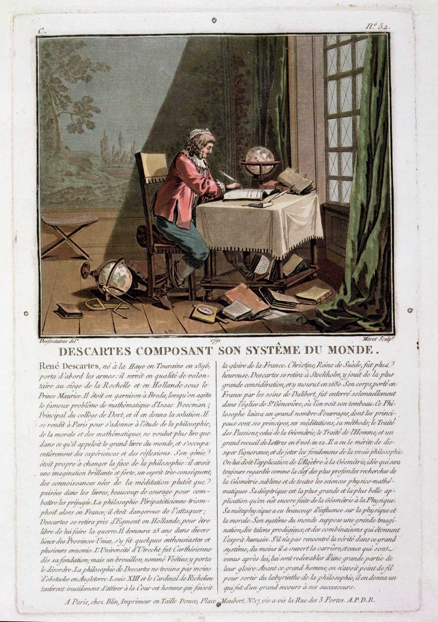 René Descartes (1596-1650) escribiendo su sistema del mundo, grabado por Jean Baptiste Moret (fl.1790-1820), 1791 de Desfontaines
