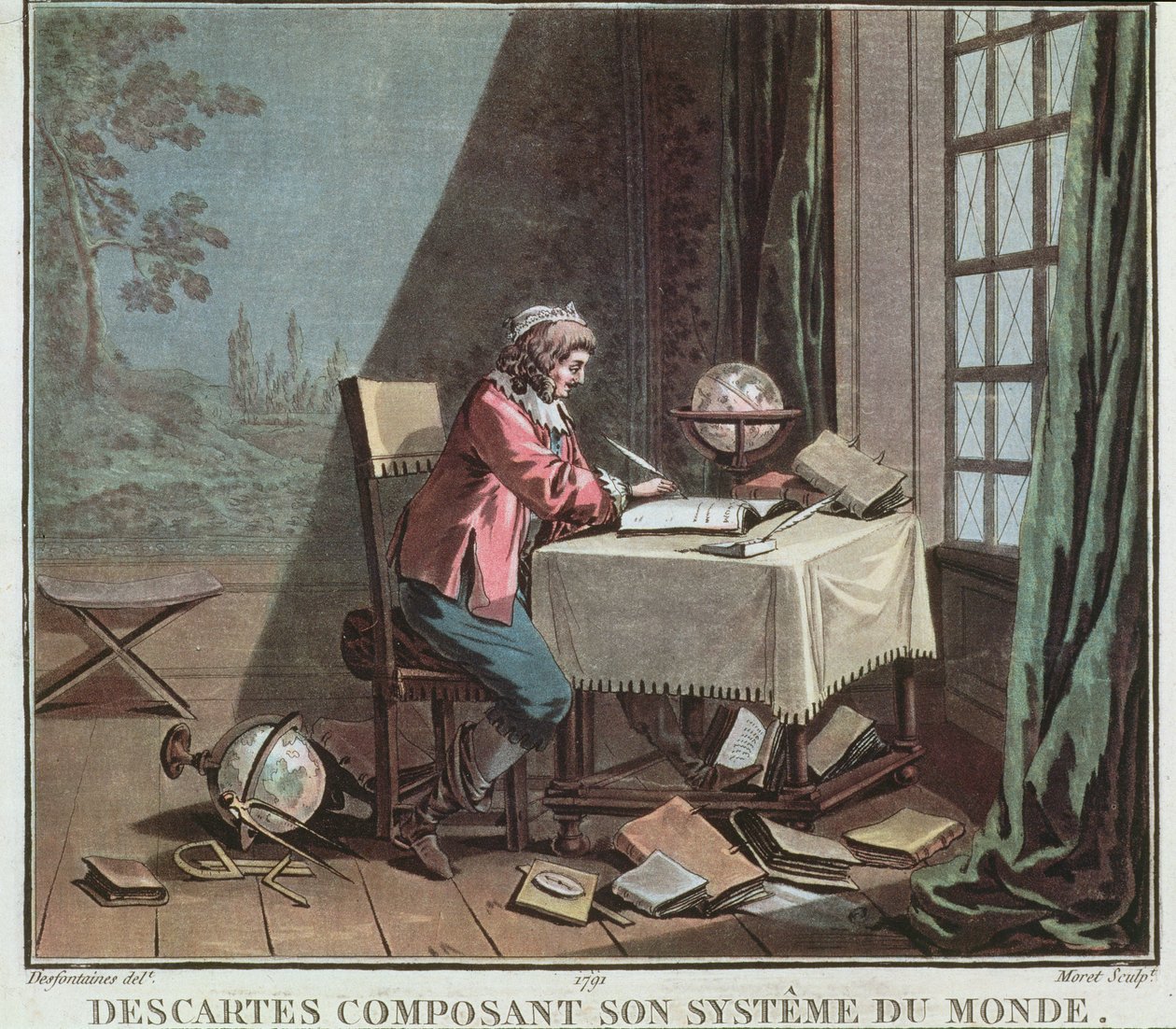 René Descartes (1596-1650) escribiendo su sistema del mundo, grabado por Jean Baptiste Moret, 1791 de Desfontaines