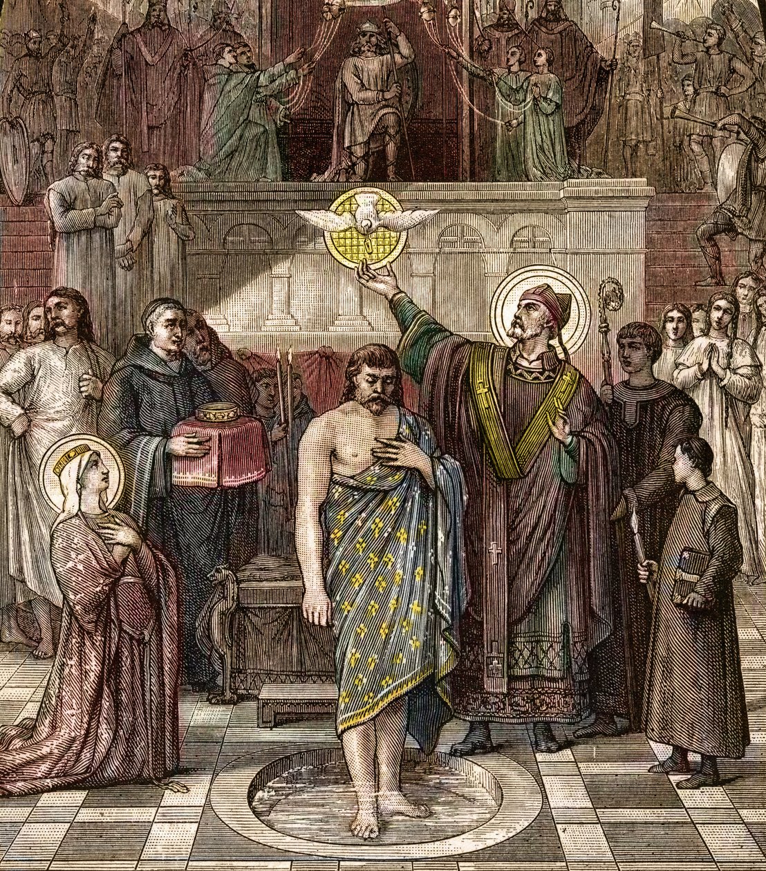 San Remigio bautiza a Clodoveo en Reims - El bautismo del Rey de los Francos Clodoveo I (466-511) en Reims por el Obispo San Remi el 25/12/496 (o 499) - grabado después de la pintura de Desire Francois Laugee de Desire Francois Laugee