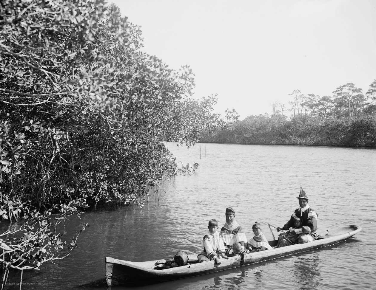 Indio seminola y familia en canoa, Miami, Florida, c.1910-20 de Detroit Publishing Co.