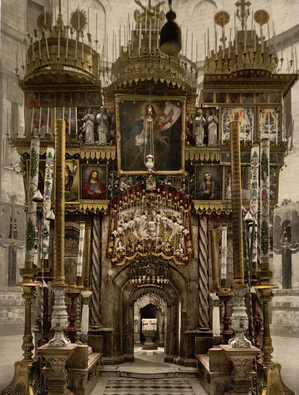 El interior del Santo Sepulcro, Jerusalén, Tierra Santa, c.1890-c.1900 (impresión fotocromática) de Detroit Photographic Co.