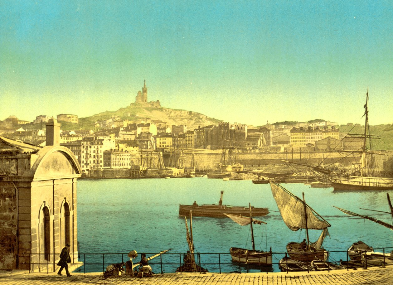 Notre Dame de la Garde desde Quai de la Joilette, Marsella, c.1890-1900 (impresión fotocroma)Francia, de Detroit Publishing Co.