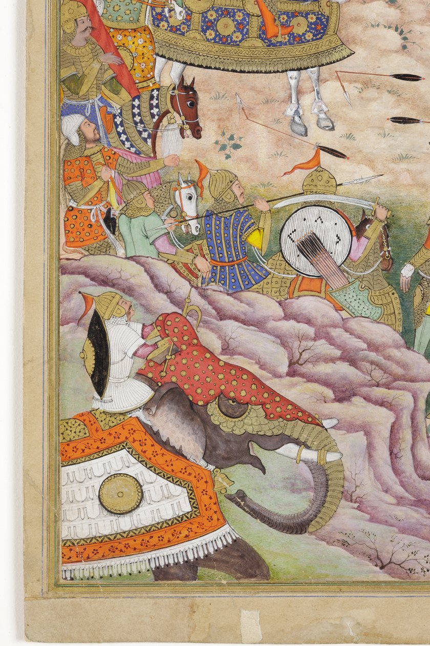 (detalle) Las tropas de Babur toman la fortaleza en Kabul, c.1590-1600 de Dhannu, and Dharmdas Farrukh