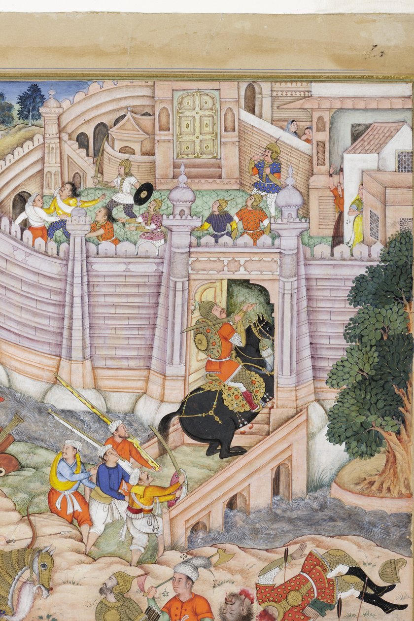 (detalle) Las tropas de Babur toman la fortaleza en Kabul, c.1590-1600 de Dhannu, and Dharmdas Farrukh