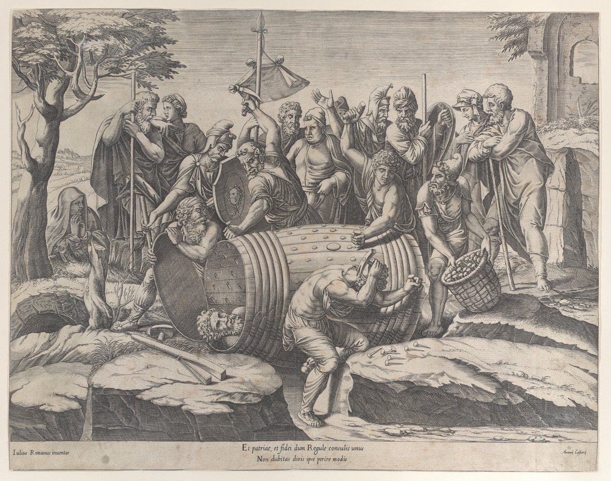 Marcus Atilius Regulus en un barril mientras dos hombres clavan los clavos, varias figuras, 1555-77 de Diana Mantuana