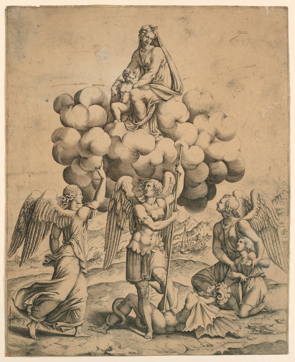 Los arcángeles Miguel, Gabriel y Rafael adorando a la Virgen y el Niño de Diana Mantuana