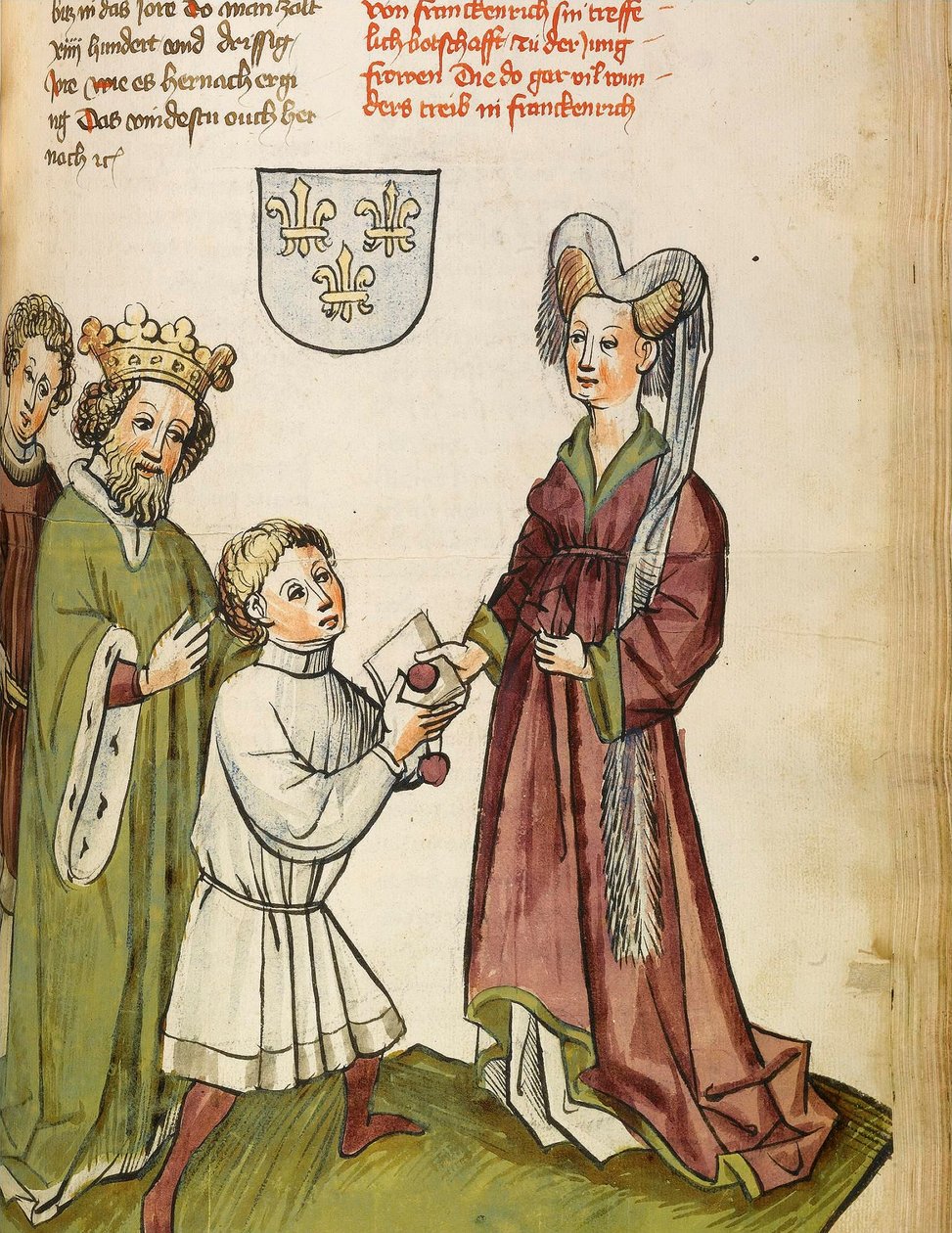 Guerra de los Cien Años (1337-1453): Segismundo I del Sacro Imperio Romano Germánico (1368-1437) conoce a Juana de Arco (1412-1431) - El emperador Segismundo ante Juana de Arco - Miniatura del taller de Diebold Lauber (antes de 1427- después de 1471) del " de Diebold (workshop) Lauber