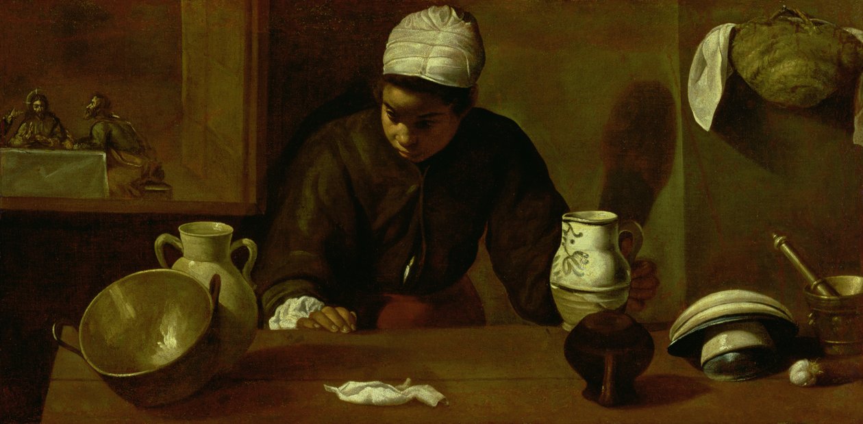 Sirvienta de cocina con la Cena en Emaús, c.1618 de Diego Velázquez