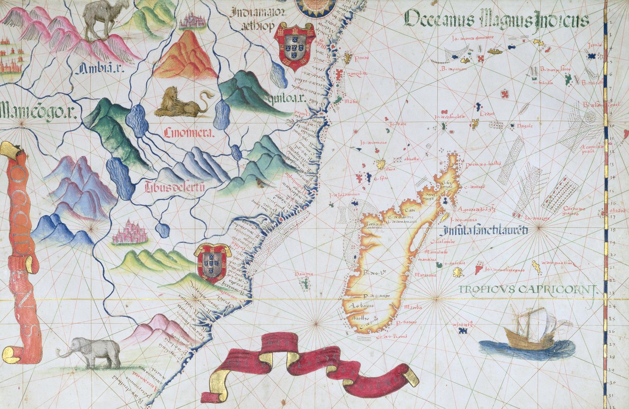 Madagascar y la Costa Este de África, detalle de un atlas mundial, 1565 de Diego Homem