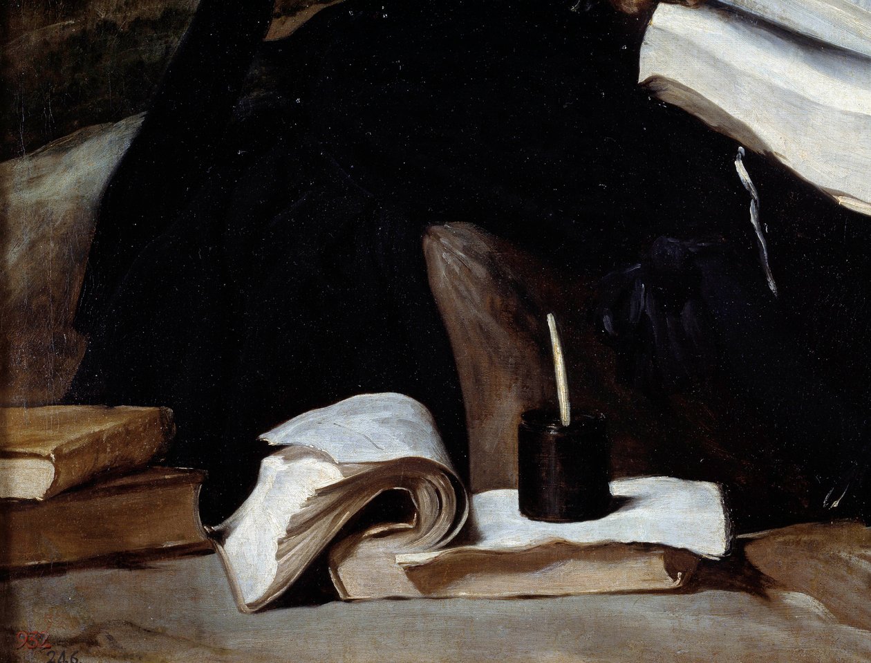 Retrato del bufón Diego de Acedo, llamado el primo, detalle. Libros de Diego Velázquez