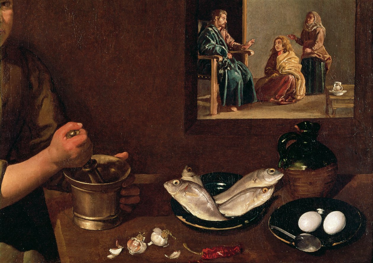 Escena de cocina con Cristo en la casa de Marta y María (detalle de la comida en la mesa con Cristo, Marta y María en el fondo) de Diego Velázquez