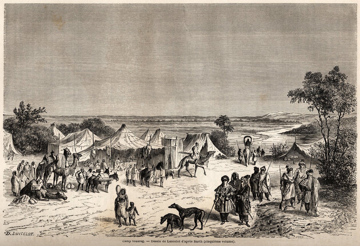 Un campamento tuareg, dibujo de Lancelot, para ilustrar el viaje al centro de África de 1849-1855 del Dr. Henri Barth. Grabado en "Le tour du monde, nouveau journal des voyages" París de Dieudonne Auguste Lancelot