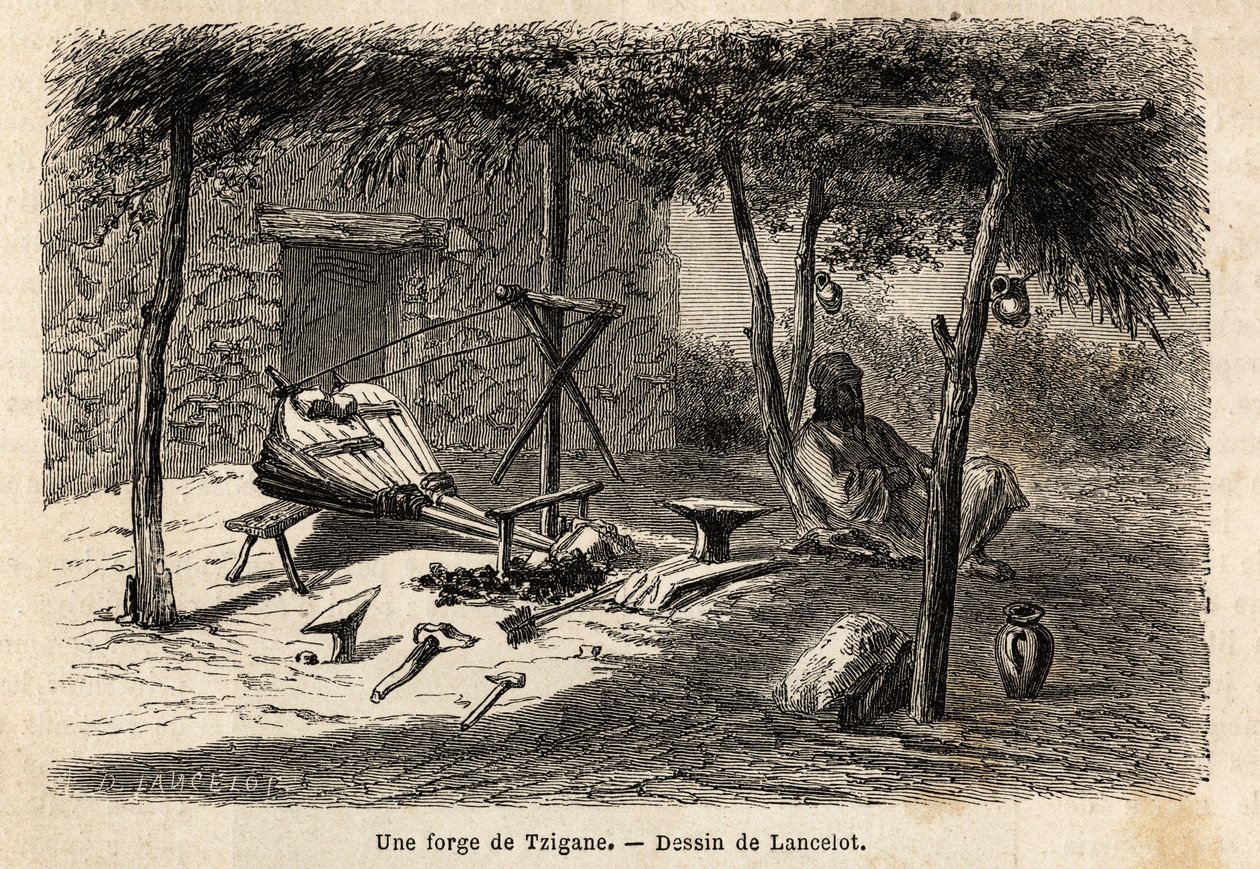 Una fragua gitana en la región de Valaquia, Rumania. Grabado para ilustrar el viaje de París a Bucarest, por Lancelot, dibujante, en 1860, publicado en "Le tour du monde, nouveau journal des voyages", bajo la dirección de Edouard Charton de Dieudonne Auguste Lancelot