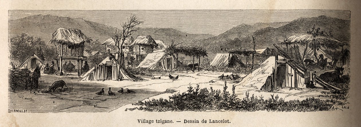 Un pueblo gitano. Grabado para ilustrar el viaje de París a Bucarest, por Lancelot, dibujante, en 1860, publicado en "Le tour du monde, nouveau journal des voyages", bajo la dirección de Edouard Charton de Dieudonne Auguste Lancelot