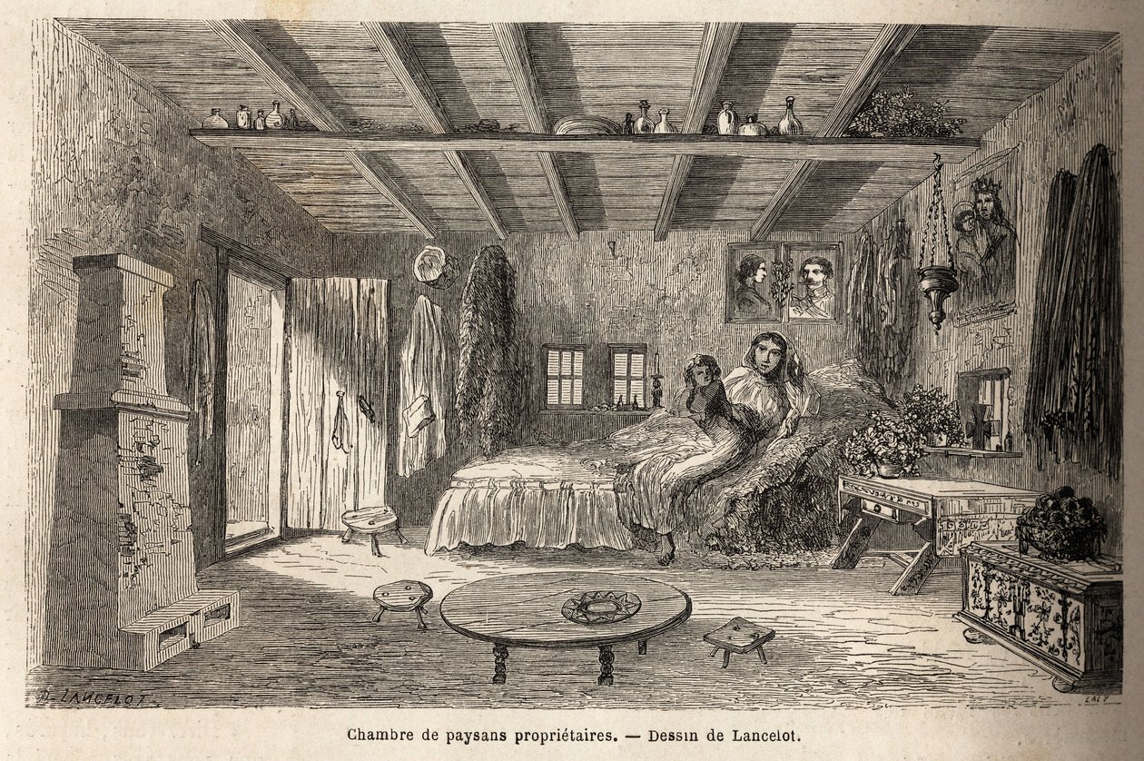 Una casa de campesinos propietarios, en las cercanías de Orezu (región de Valaquia, Rumania). Grabado para ilustrar el viaje de París a Bucarest, por Lancelot, dibujante, en 1860, publicado en “Le tour du monde, nouveau journal des voyages”, bajo la direcc de Dieudonne Auguste Lancelot