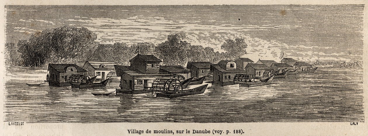 Un pueblo de molinos en el Danubio, dibujo de Lancelot, para ilustrar el viaje de Victor Duruy de París a Bucarest en 1860. Grabado en "Le tour du monde", editado por Edouard Charton de Dieudonne Auguste Lancelot